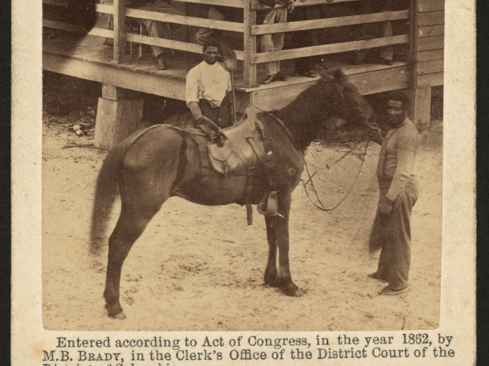 Representative 1862 archival scene of two African American men with a horse; not documented as Lexington or the Kentucky Association Track, and the exact occupations of the depicted men are not documented