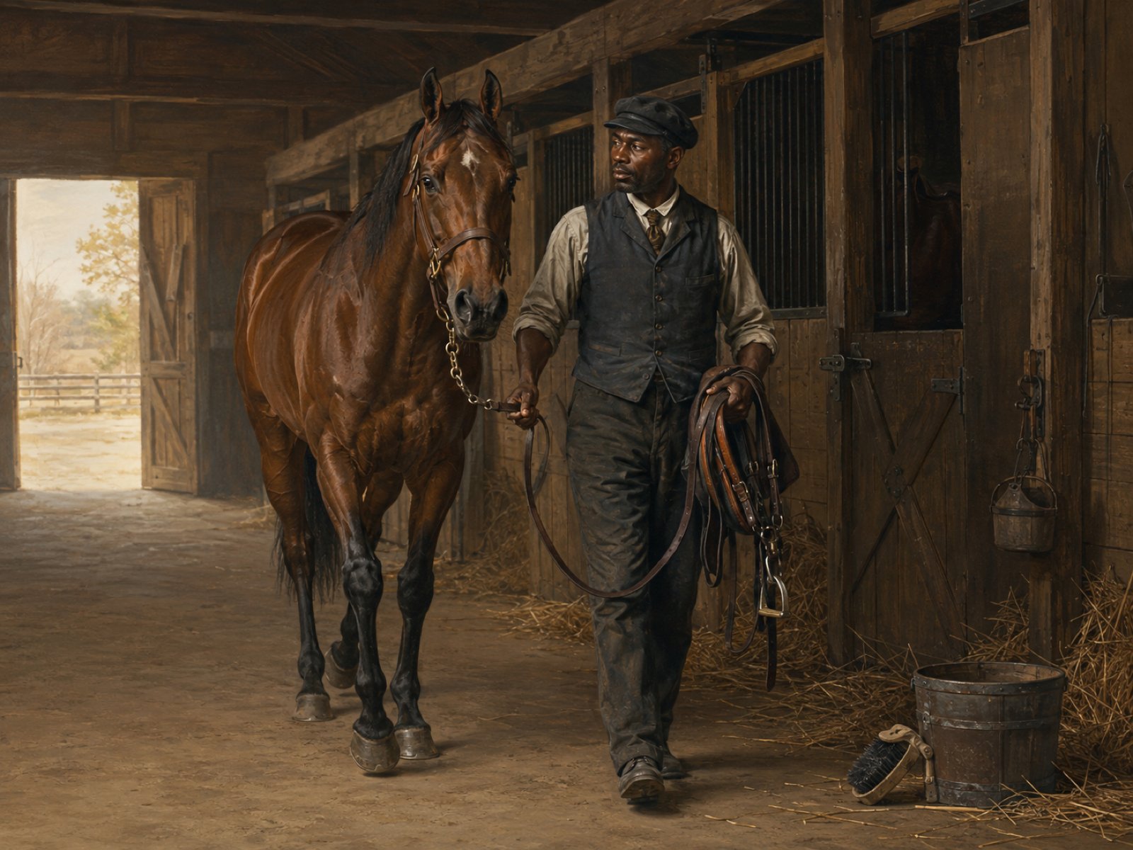 Interpretive illustration of an African American hostler leading a Thoroughbred through a Lexington stable aisle circa 1900