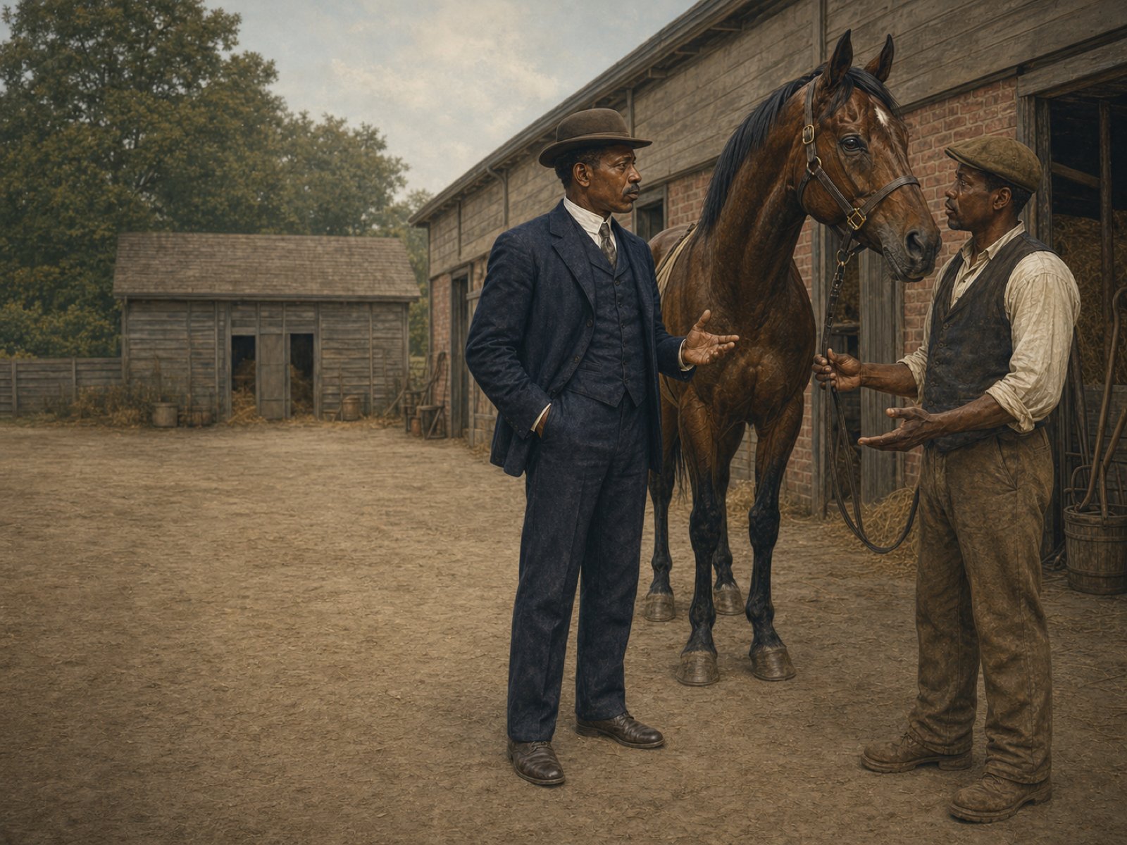 Interpretive illustration of an African American Thoroughbred owner conferring with a Black stable worker beside a racehorse in Lexington circa 1900