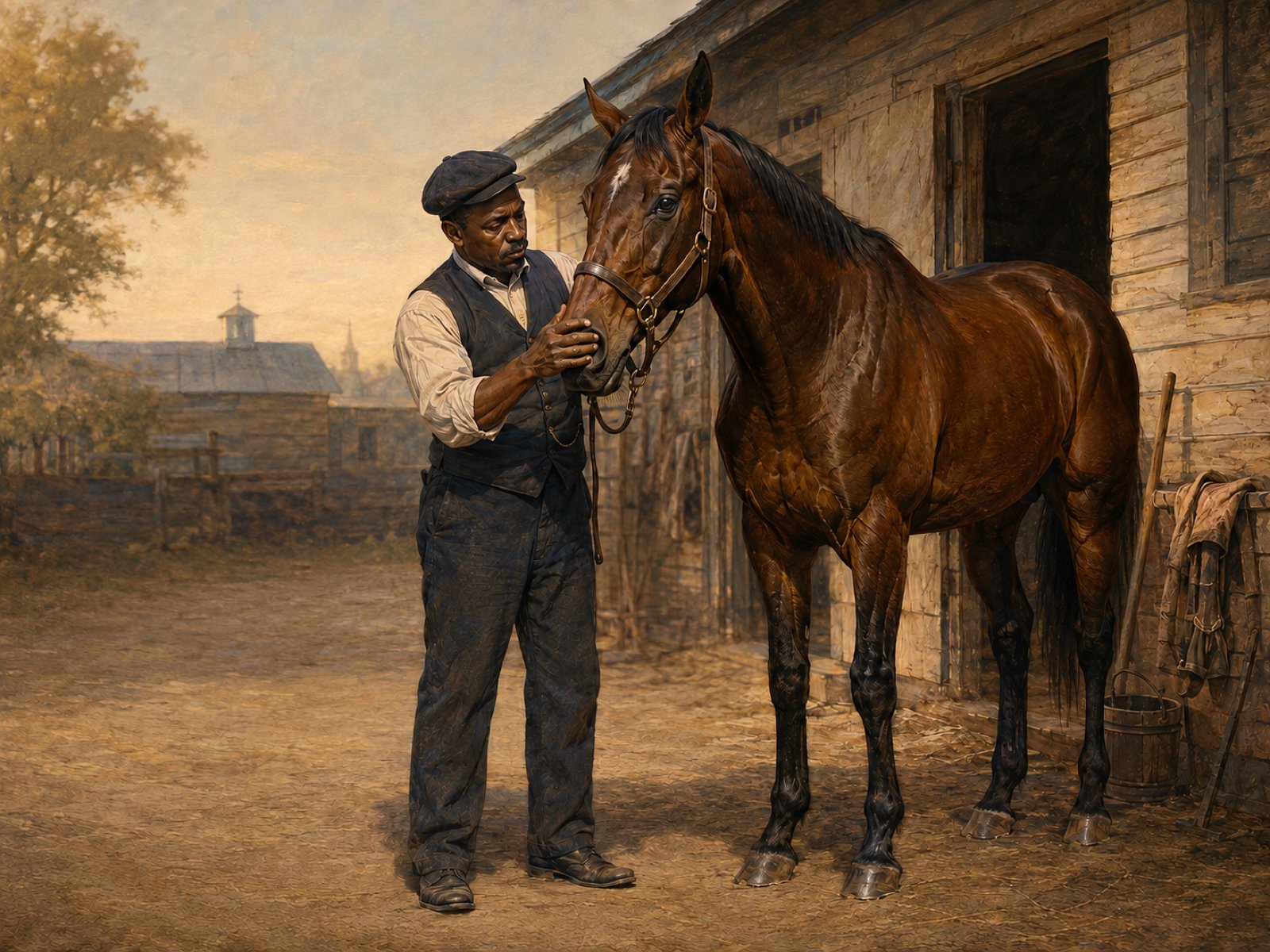 Interpretive illustration of an African American Thoroughbred trainer examining a racehorse beside a Lexington stable circa 1890