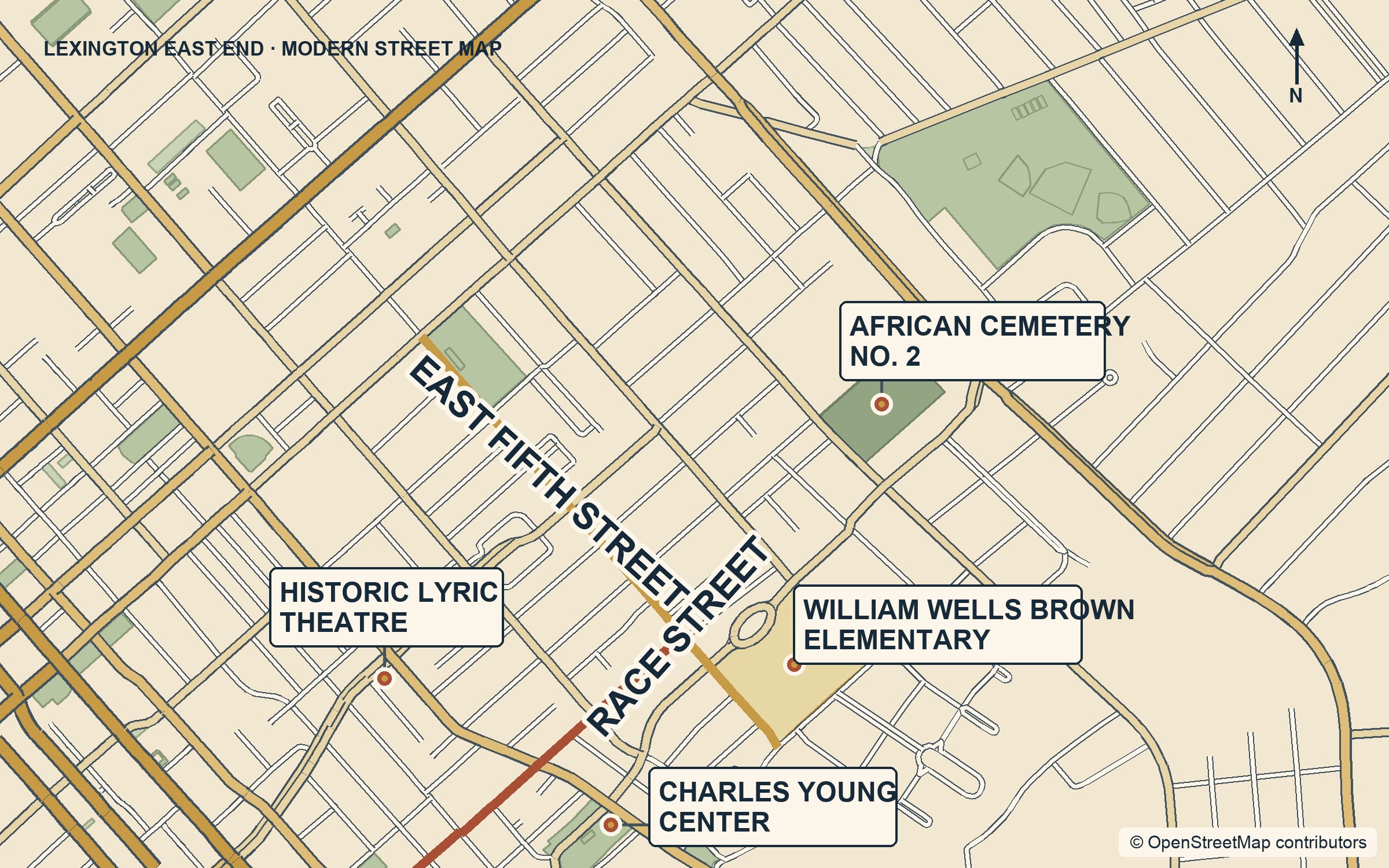 Modern street map of Lexington's East End around East Fifth Street and Race Street