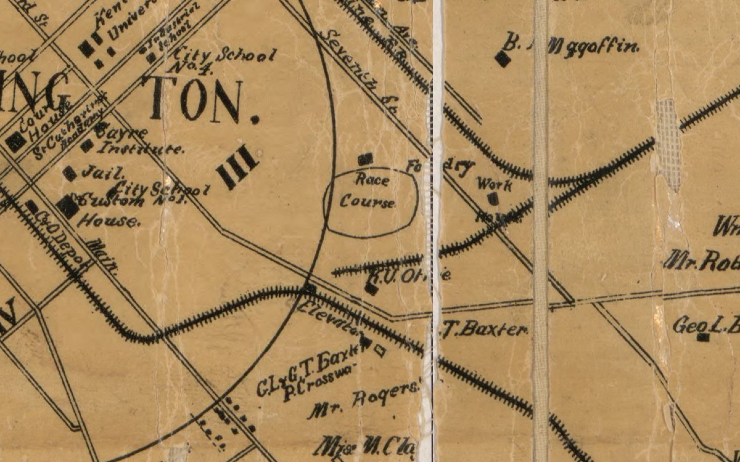 Detail of W. R. Wallis's 1891 map of Fayette County showing Lexington and the Kentucky Association racecourse area