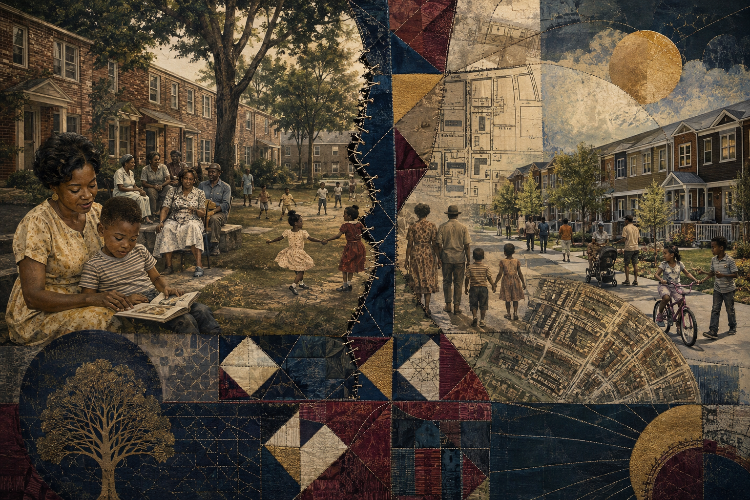 Afrocentric interpretive collage of families in public-housing courtyards and a stitched transition into later mixed-income homes