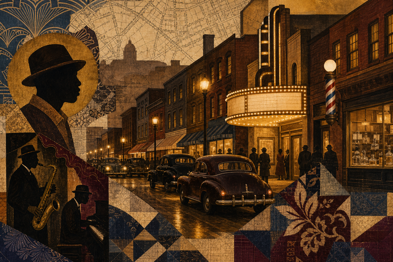 Afrocentric interpretive collage evoking Deweese Street storefronts, theatre lights, music, and neighborhood commerce