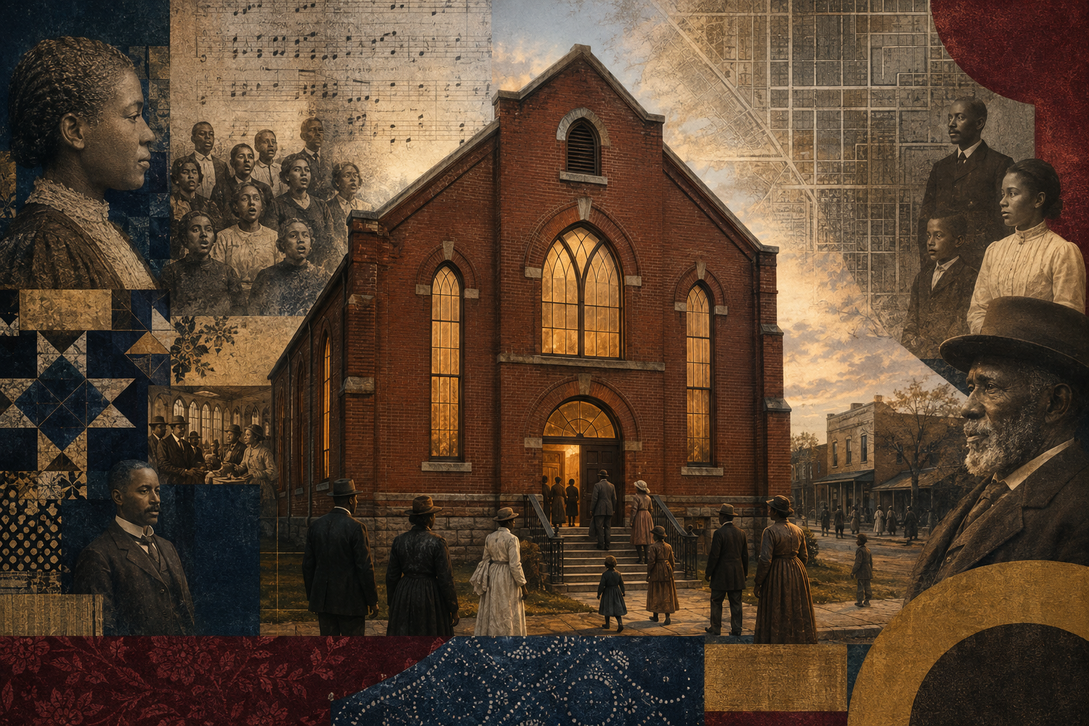 Afrocentric interpretive collage of a historic red-brick neighborhood church, hymnal music, and East End street maps
