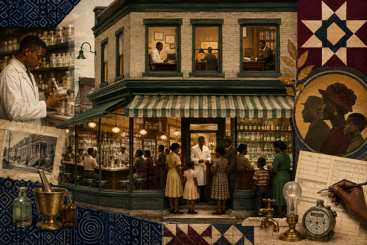 Afrocentric interpretive collage of a Black pharmacist serving families in a mid-century pharmacy and luncheonette