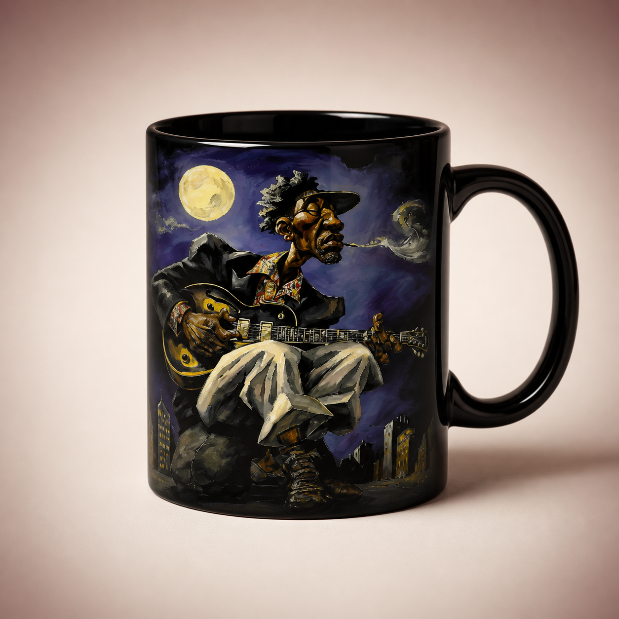 Black coffee mug featuring Deweese Street Blues artwork