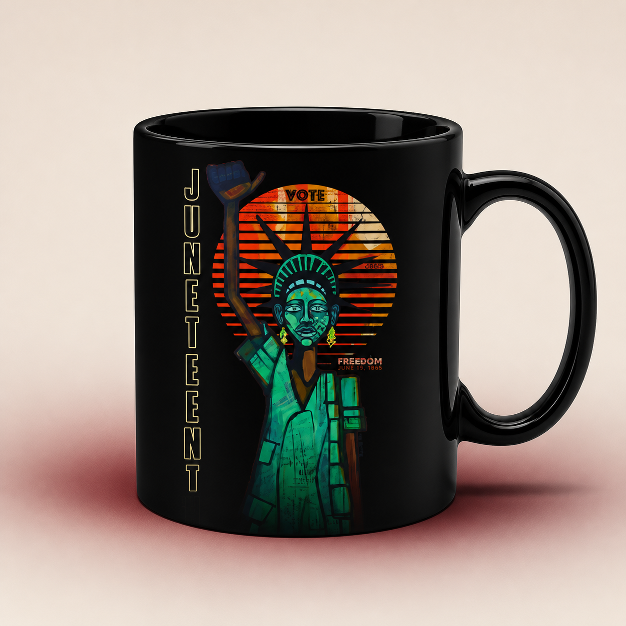 Black coffee mug featuring Juneteenth Freedom: Liberty in Motion artwork