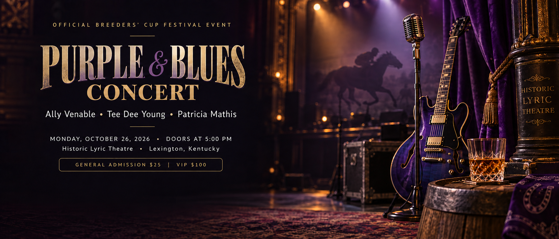 Purple and Blues Concert at the Historic Lyric Theatre, featuring a vintage microphone, blues guitar, purple curtains and amber stage lighting