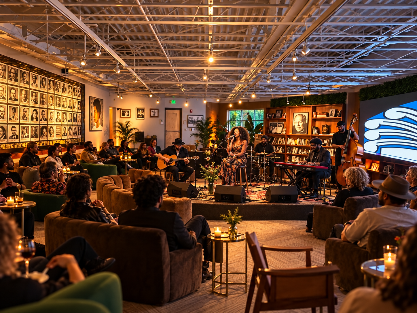 An intimate library lounge concert with a singer, live band and audience seated close to the stage
