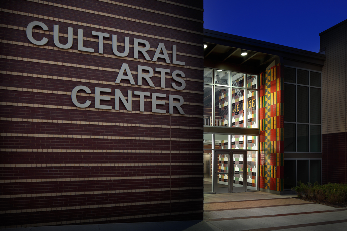 The Lyric Cultural Arts Center entrance at dusk