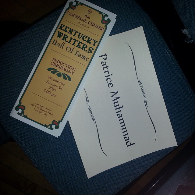 Kentucky Writers Hall of Fame induction invitation dated January 28, 2015, with a ticket and an envelope bearing Patrice Muhammad’s name.